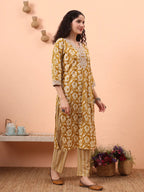 Yufta Mustard Pure Cotton Straight Floral Kantha Work Kurta Pant Set