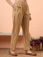 Yufta Mustard Pure Cotton Straight Floral Kantha Work Kurta Pant Set