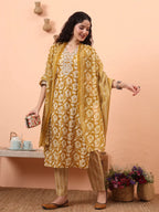 Yufta Mustard Pure Cotton Straight Floral Kantha Work Kurta Pant Set