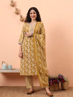 Yufta Mustard Pure Cotton Straight Floral Kantha Work Kurta Pant Set