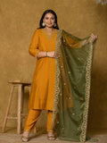 Yufta Mustard Silk Embroidered Plus Size Kurta Dupatta Set
