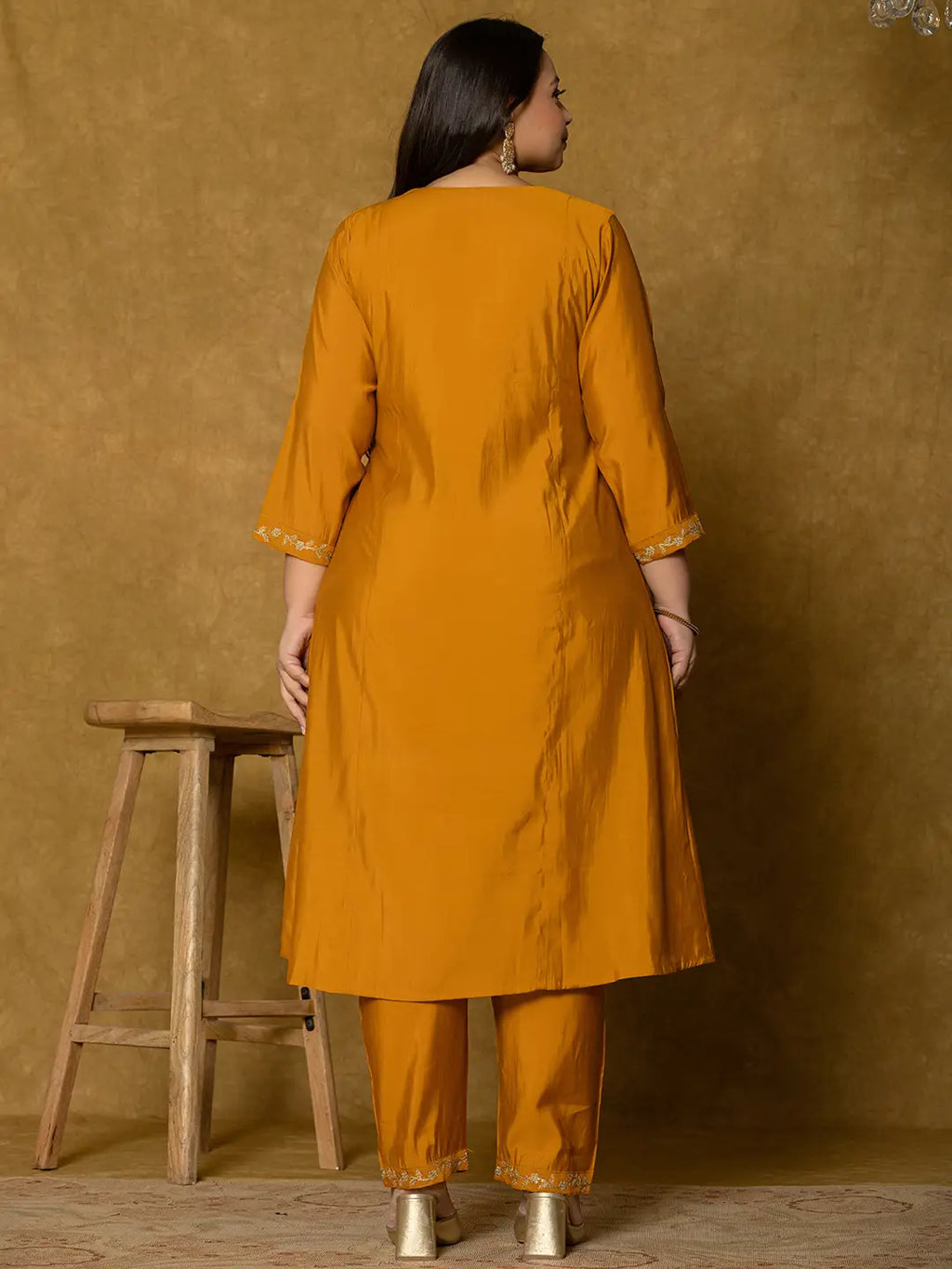 Yufta Mustard Silk Embroidered Plus Size Kurta Dupatta Set