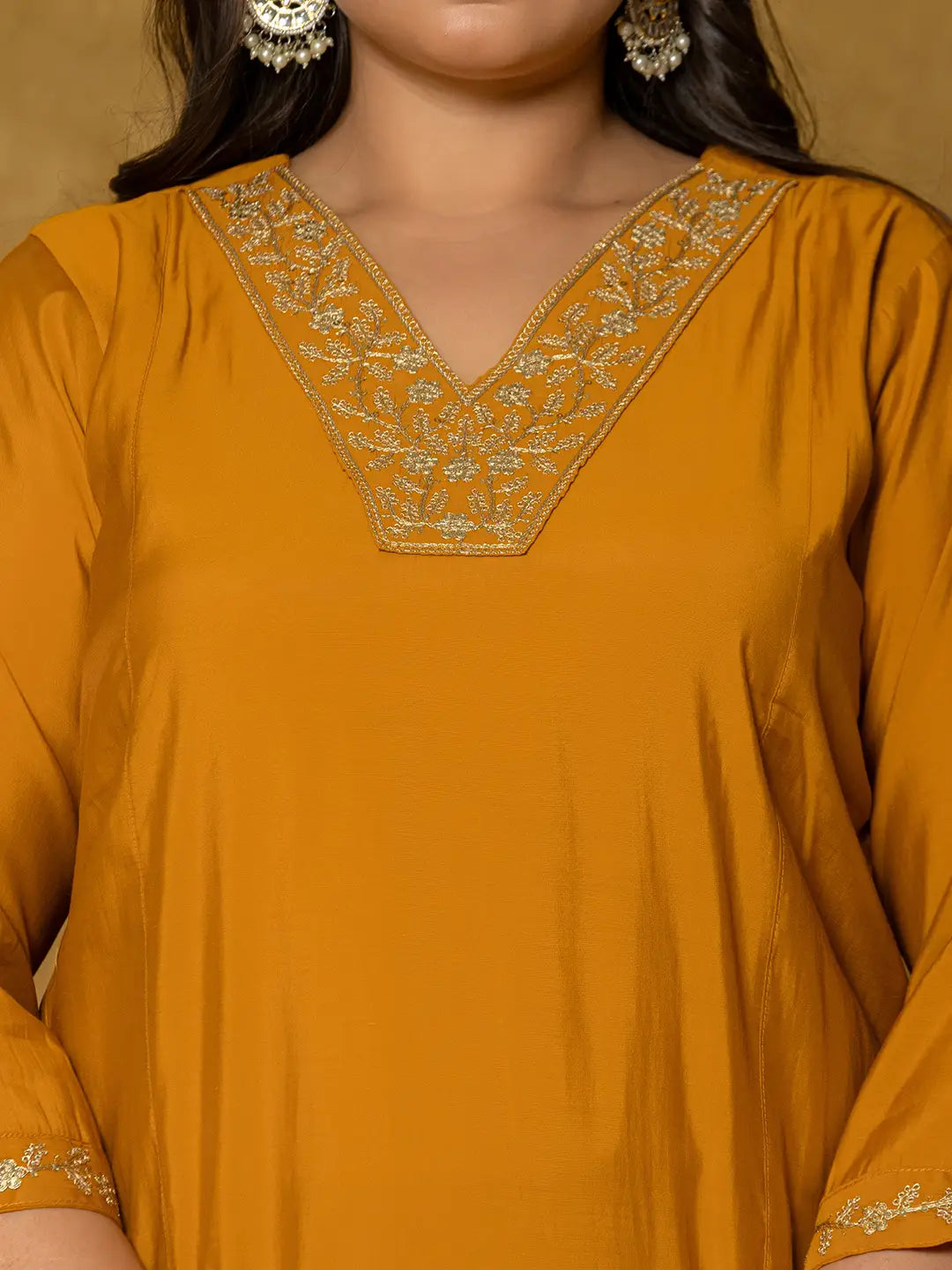 Yufta Mustard Silk Embroidered Plus Size Kurta Dupatta Set