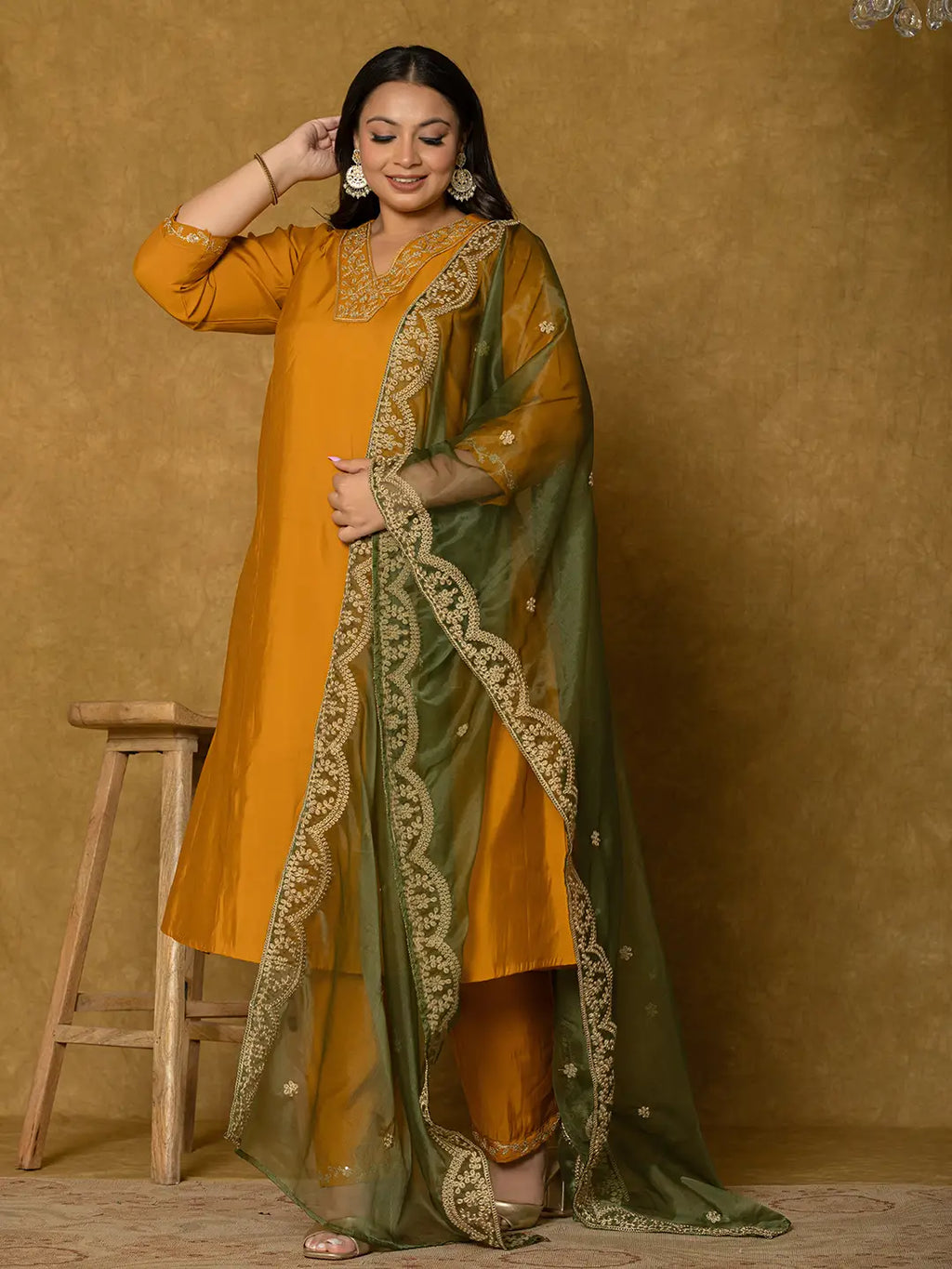 Yufta Mustard Silk Embroidered Plus Size Kurta Dupatta Set