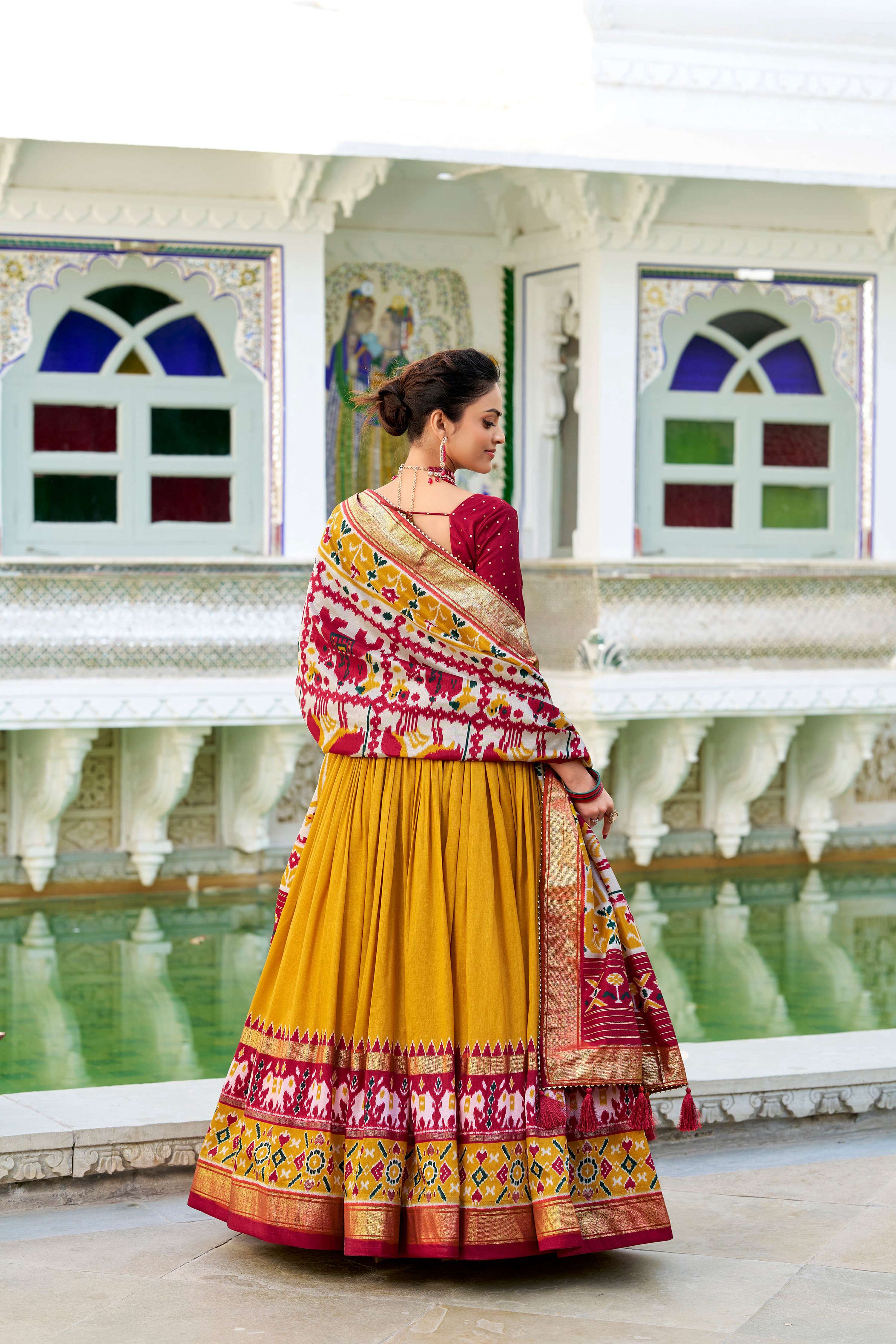 Evanik Mustard Traditional Style Tussar Silk Patola Print With Foil Work Unstitched Lehenga Choli - Distacart