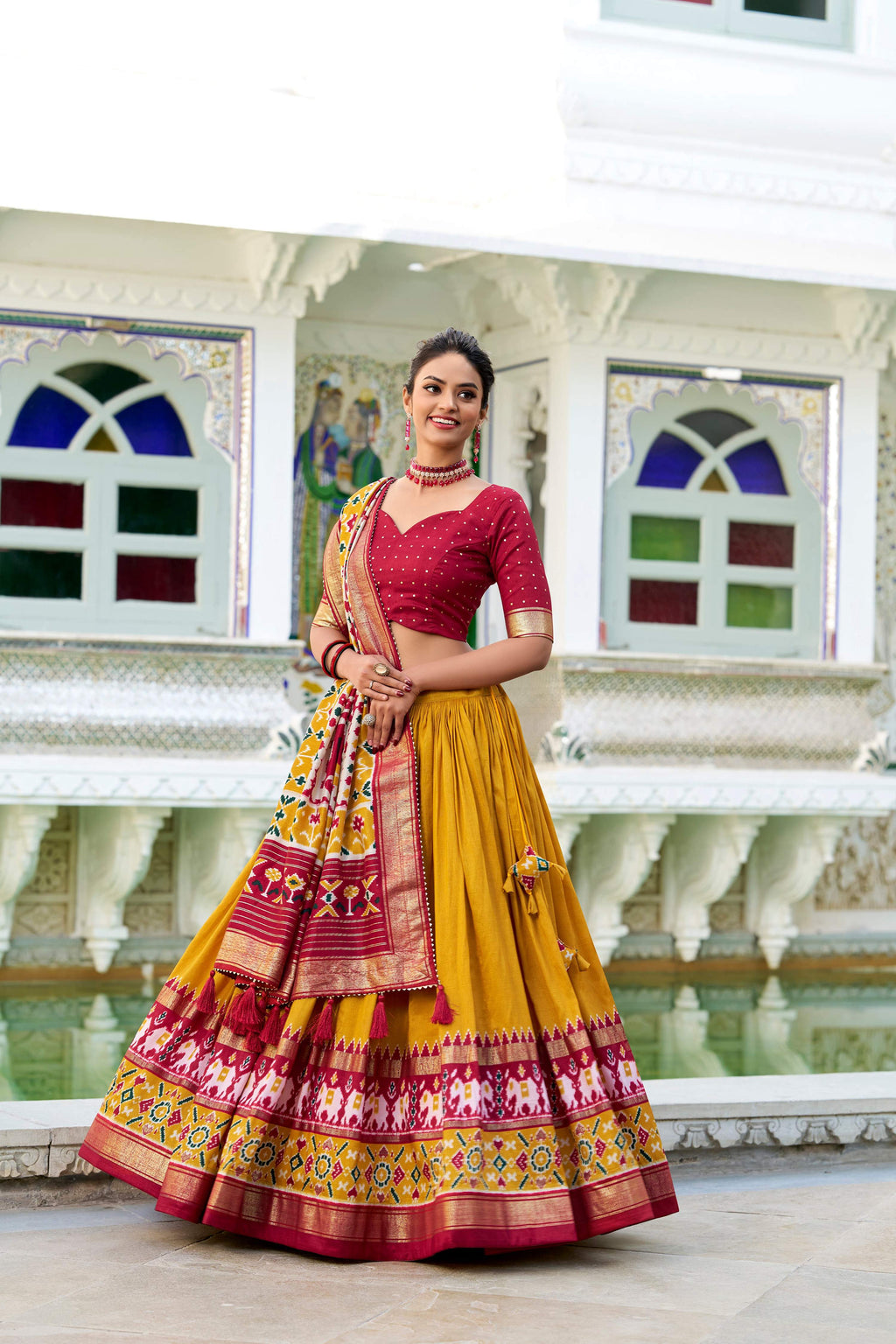 Evanik Mustard Traditional Style Tussar Silk Patola Print With Foil Work Unstitched Lehenga Choli - Distacart