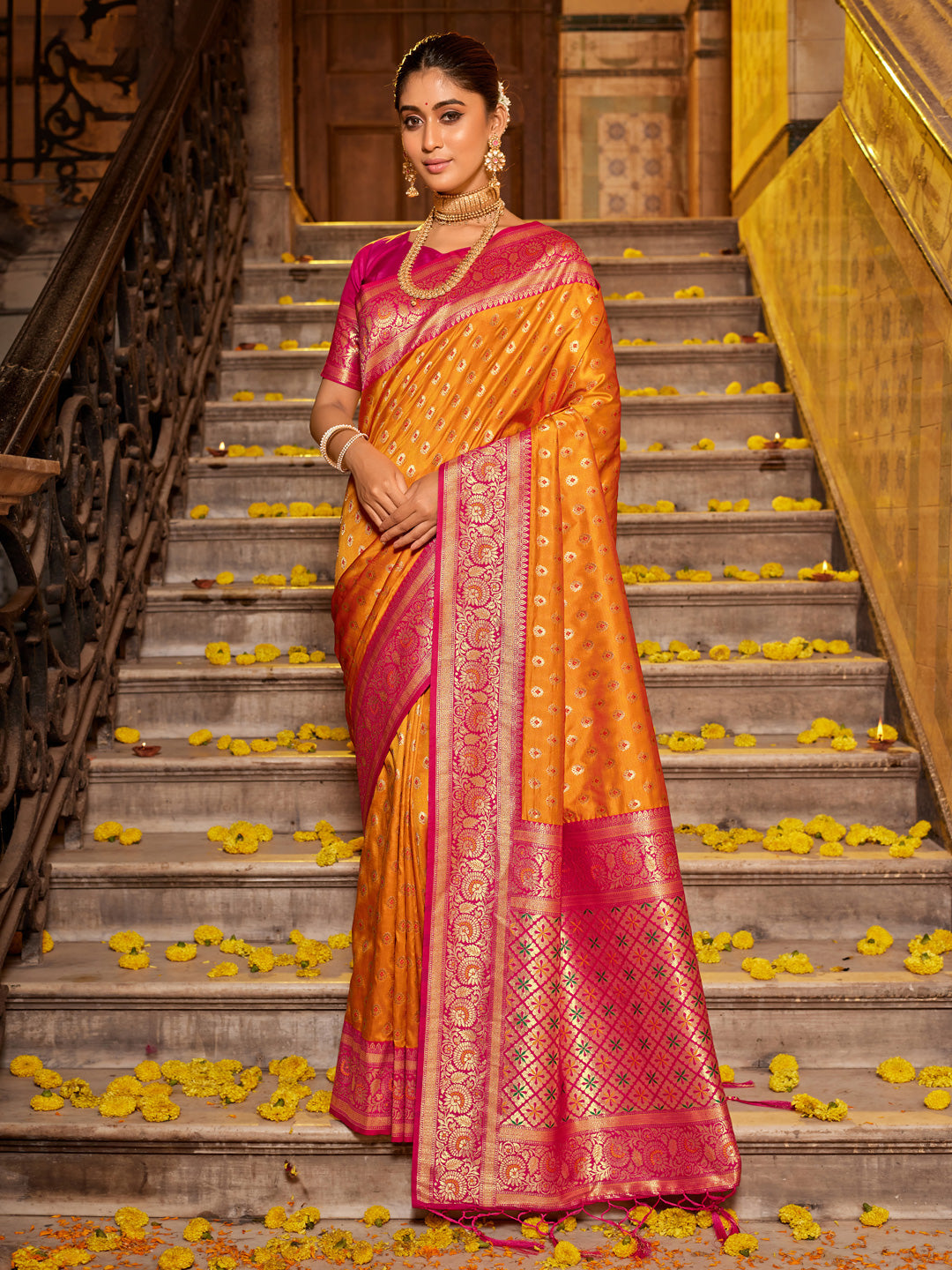 Anaita Mustard Banarasi Saree With Blouse Piece - Distacart