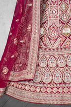 Dark Red Velvet Pure Mirror Work Semi Stitched Lehenga Choli with Dupatta - Nimaya Lagnotsav