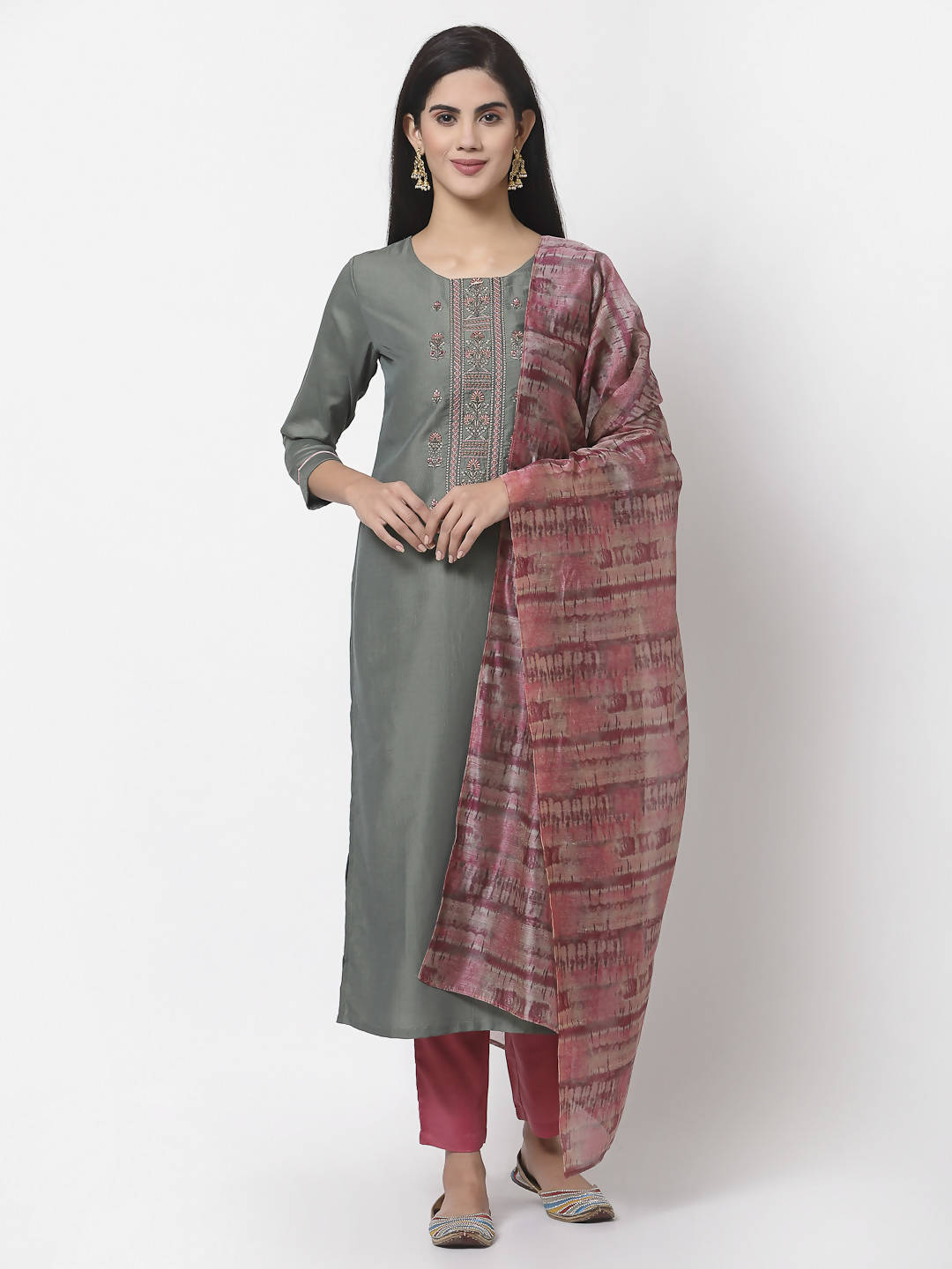 Myshka Women Grey Silk Blend Embroidered 3/4 Sleeve Round Neck Kurta Pant Dupatta Set