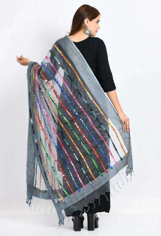 Mominos Fashion Moeza Women's Orgenza Multi Thread Mirror Work Grey Dupatta - Distacart