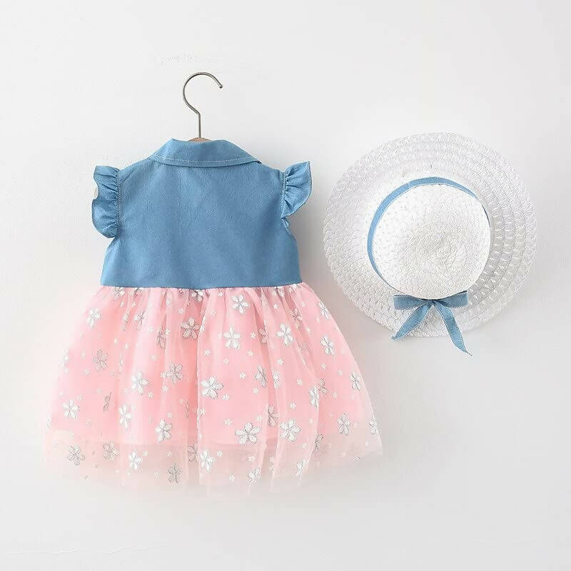 Bold N Elegant Cap Sleeve Denim Embroidered Midi Party Dress Frock with Hat Dress - Floral Pink