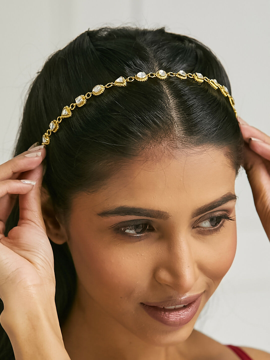 Nuyug 22K Gold-Plated Kundan & Pearl Studded Matha Patti Head Jewellery