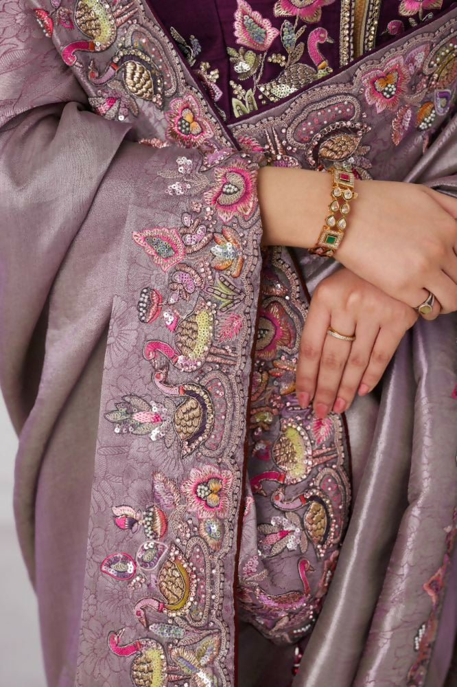 Kesar Fab Stunning Mauve Color With Multi-Thread And Sequins Embroidery Saree