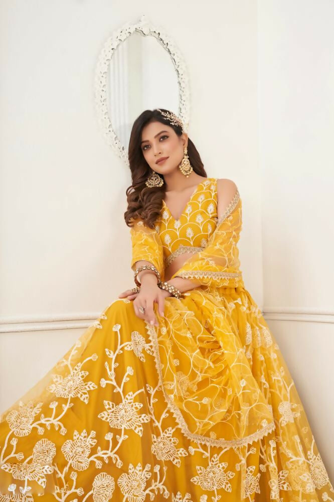 Aastha Fashion Mustard Yellow Butterfly Net White Cotton Thread Work And Sequence Work Embroidery Wedding Wear Lehenga Choli
