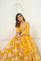 Aastha Fashion Mustard Yellow Butterfly Net White Cotton Thread Work And Sequence Work Embroidery Wedding Wear Lehenga Choli