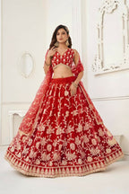 Aastha Fashion Red Butterfly Net White Cotton Thread Work And Sequence Work Embroidery Wedding Wear Lehenga Choli