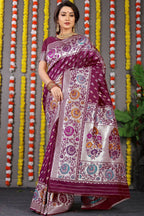Jyoti Fashion Women's Wine Banarasi Silk Zari Woven Saree with Blouse