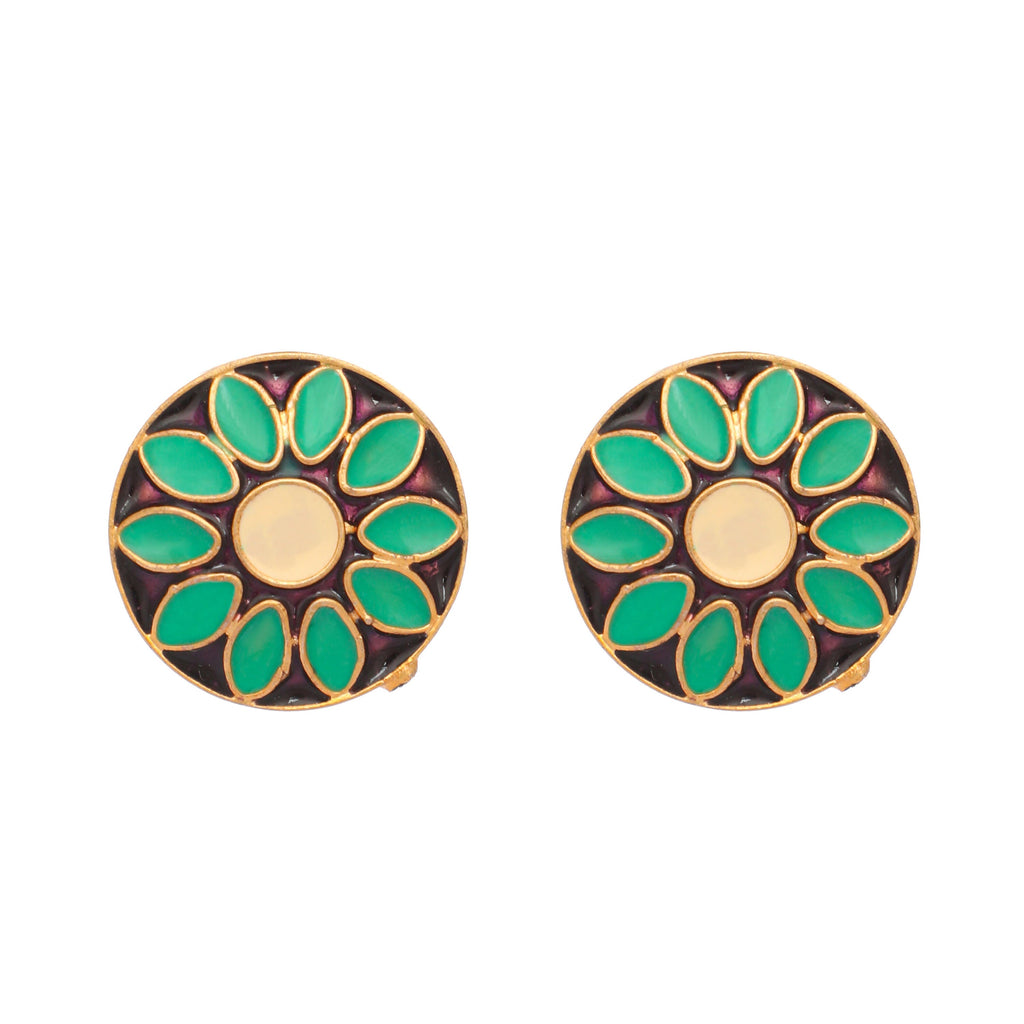 Nuyug 22K Gold Plated Circular Shaped Sea Green Enamelled Floral Motif Studs - Distacart