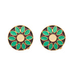 Nuyug 22K Gold Plated Circular Shaped Sea Green Enamelled Floral Motif Studs - Distacart