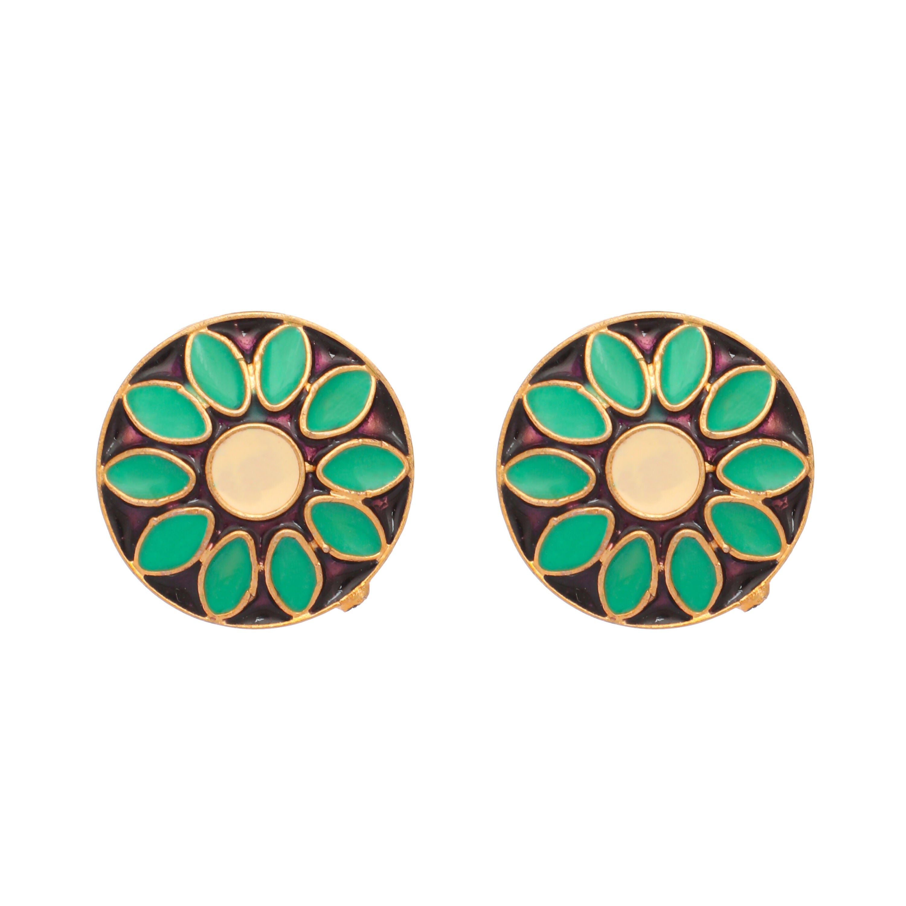 Nuyug 22K Gold Plated Circular Shaped Sea Green Enamelled Floral Motif Studs - Distacart