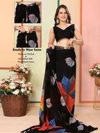 Black Georgette Designer Printed Ready To Wear Saree - Elite