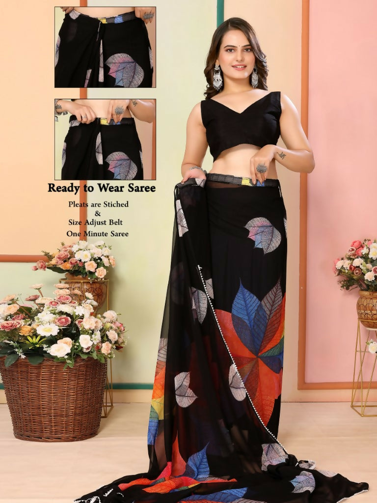 Black Georgette Designer Printed Ready To Wear Saree - Elite
