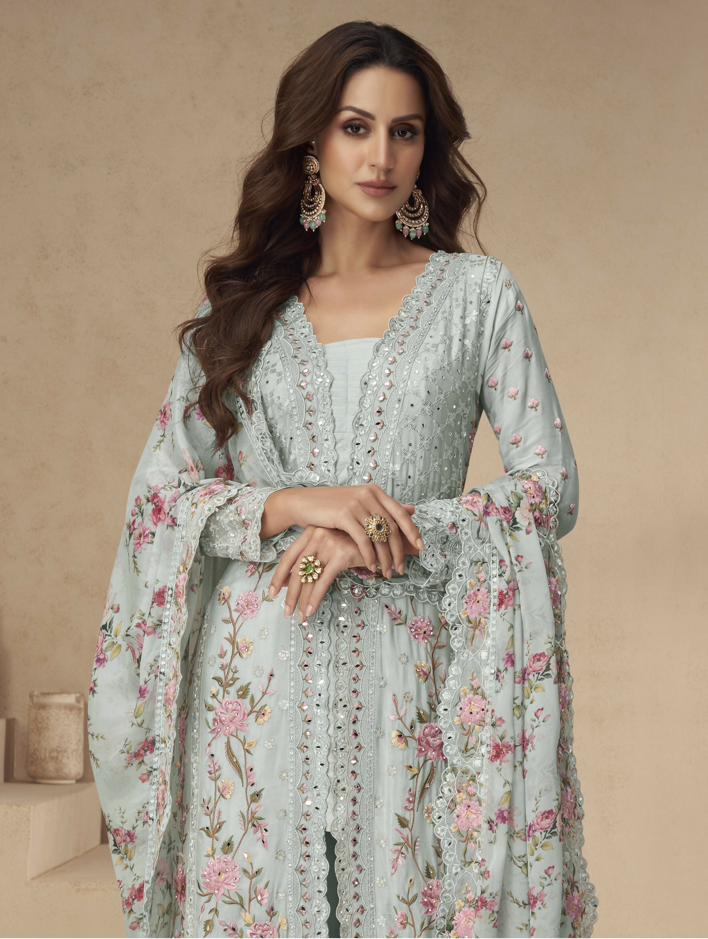 Anaita Sky-Blue Chinon Readymade Suit with Embroidery Sequence Work - Distacart