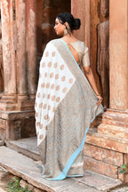 Joban Fashion Light Sky Blue Crepe Chiffon Pure Handloom Banarasi Silk Saree