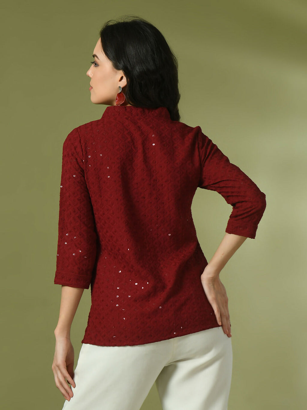 Myshka Women's Maroon Embellished Cotton Regular Party Tunic