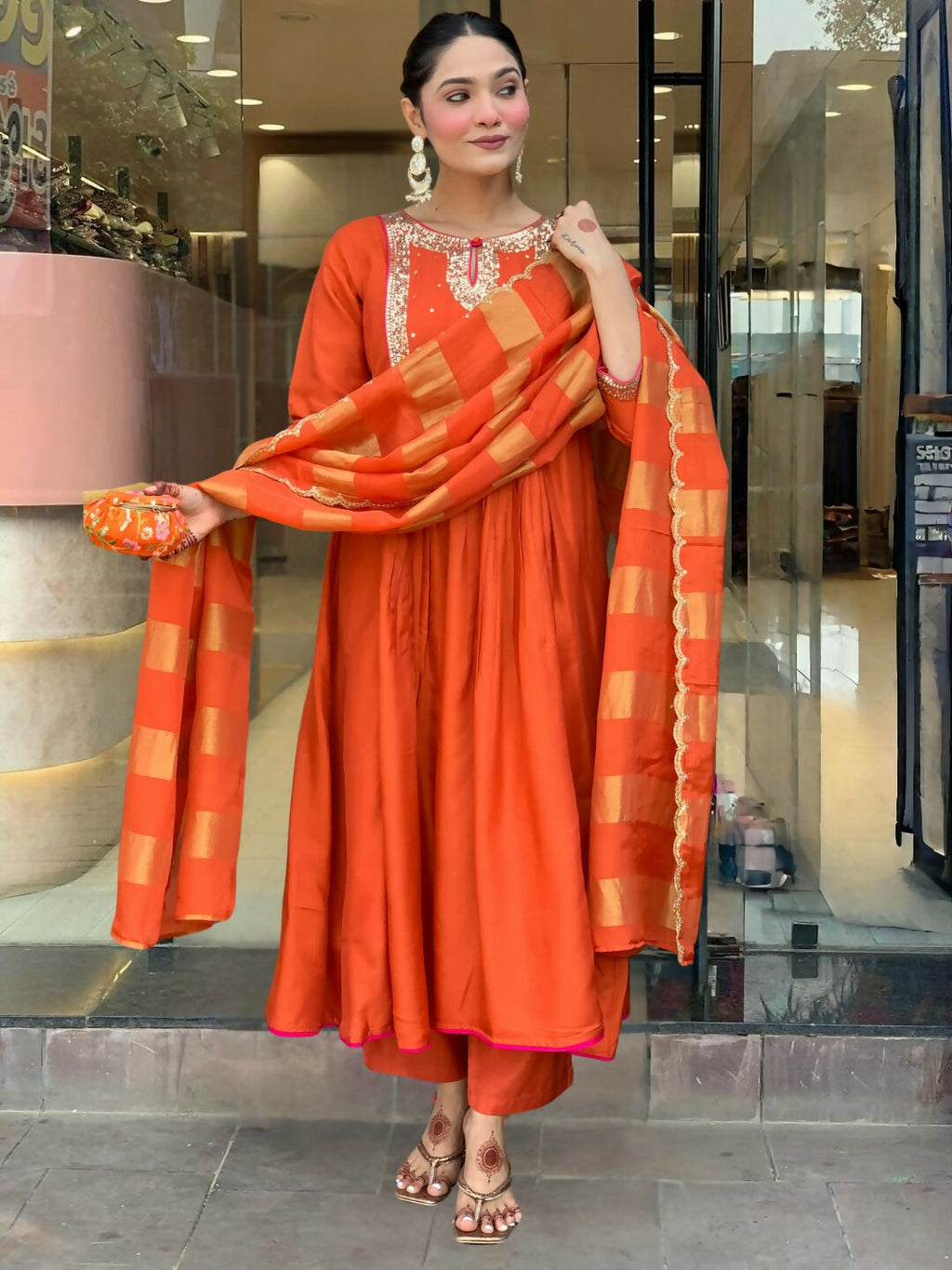 The52 Rust Women's Gorgeous Embroidered Work Chanderi Fabric Flared Kurta Pant and Dupatta Set - Distacart