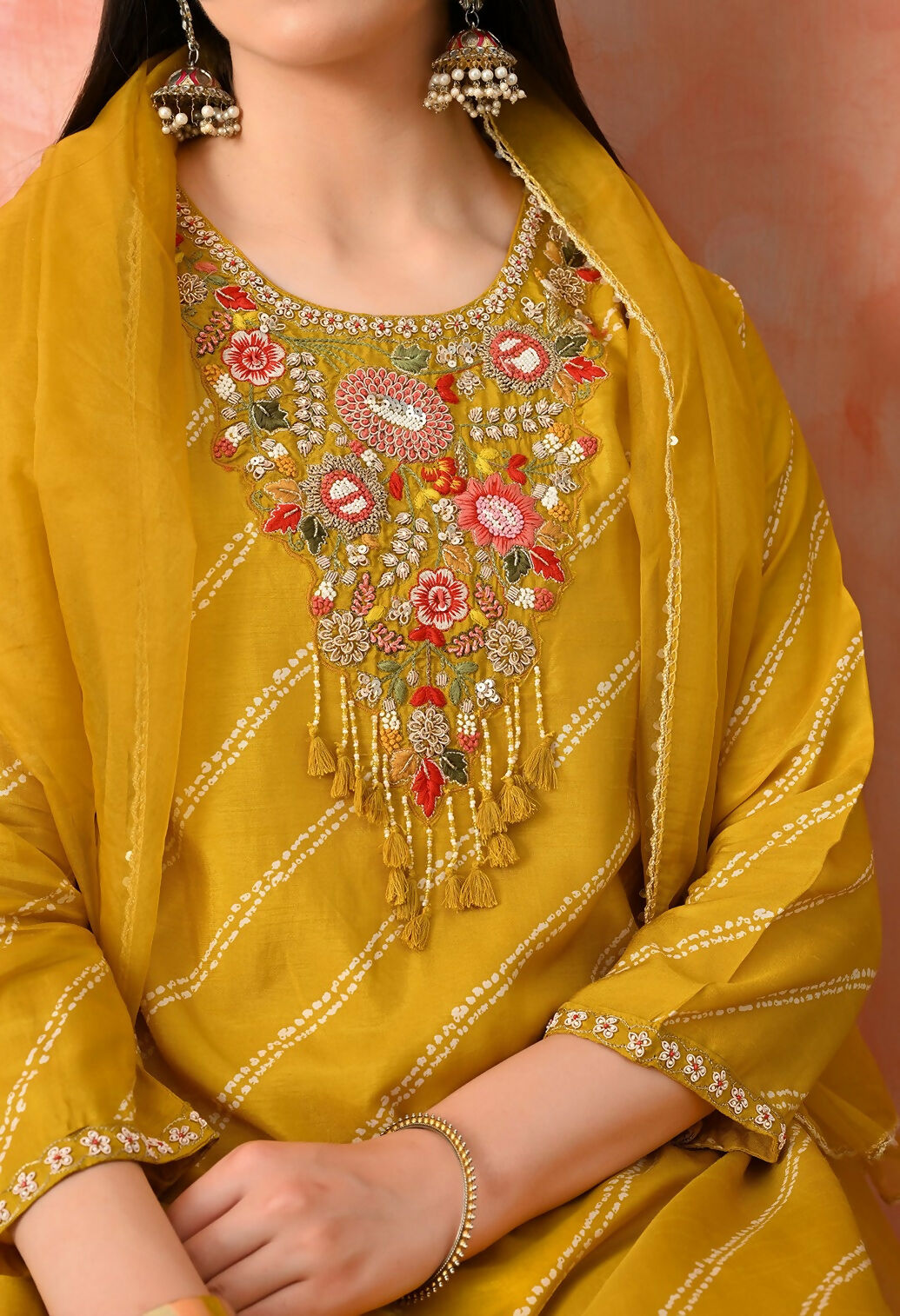 Joban Fashion Mustard Premium Pure Viscose Print Dola With Handwork Kurta Set