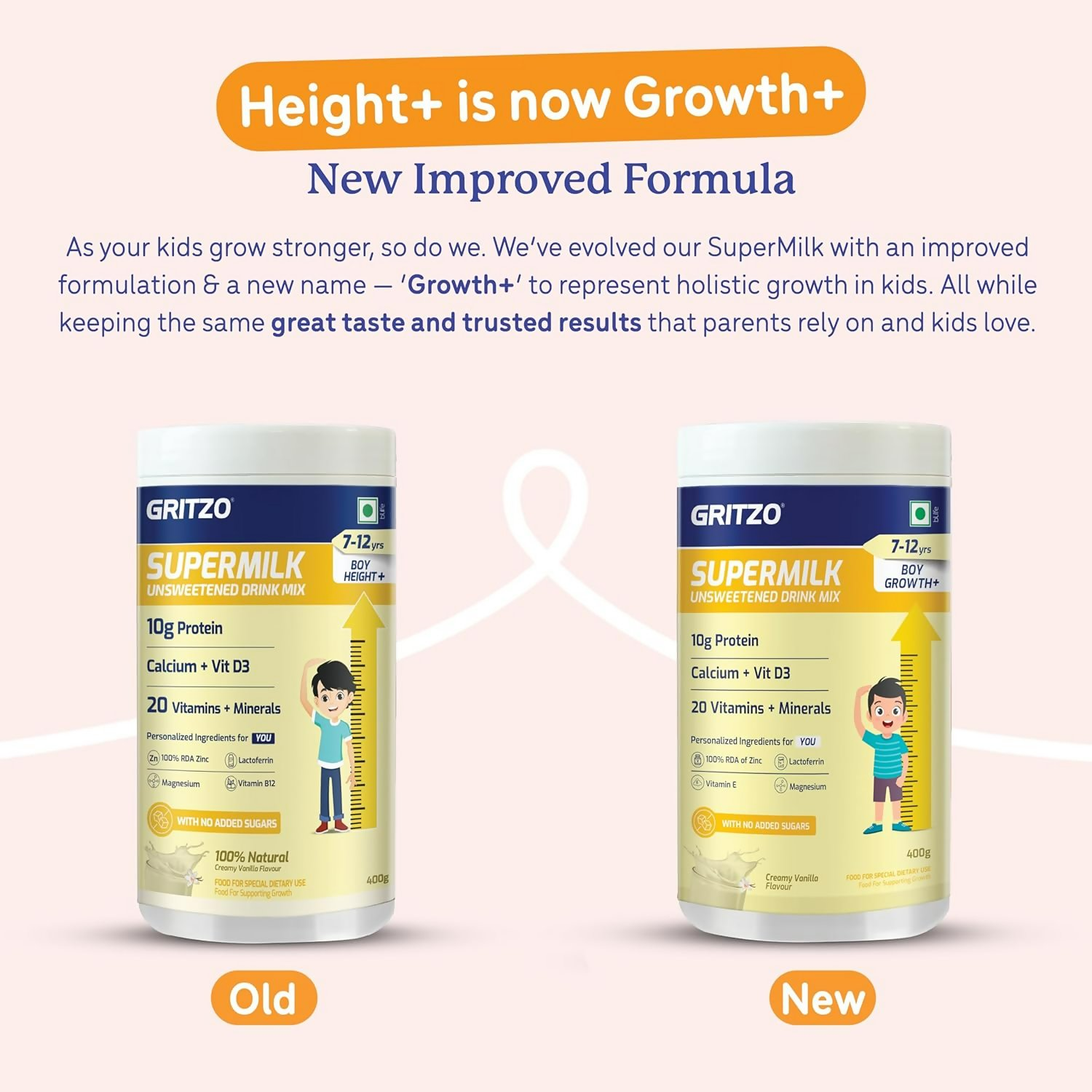 Gritzo SuperMilk Growth+ (Formerly Height+) Unsweetened Drink Mix (7-12y Boys), 10g Protein Powder (Creamy Vanilla)