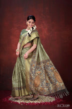 Pista Green Poly Habotai Silk Foil Print Saree with Unstitched Blouse - Kathari