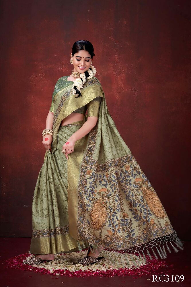Pista Green Poly Habotai Silk Foil Print Saree with Unstitched Blouse - Kathari