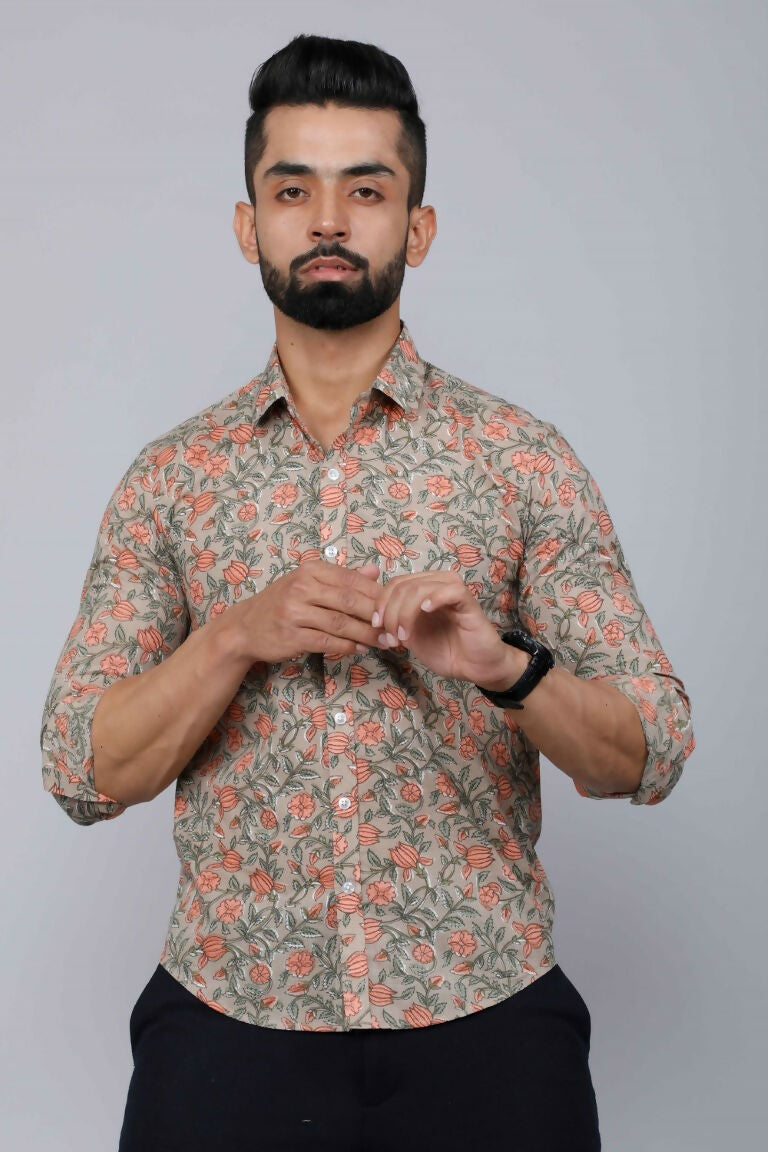Miravan Men's Beige Comfort Floral Printed Casual Shirt