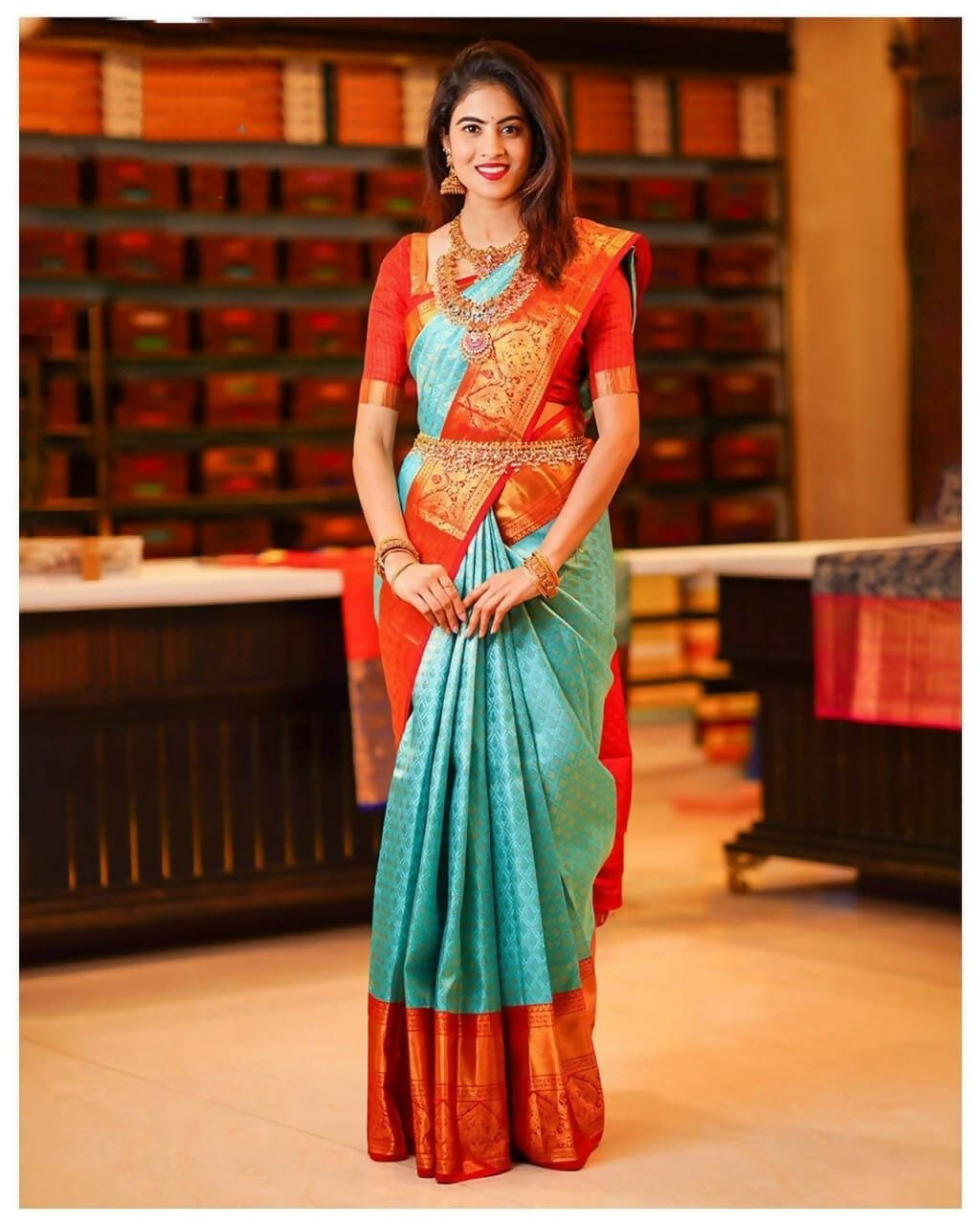 DEIANA'S Beautiful Designer Golden zari Soft Lichi Silk Saree - Sky