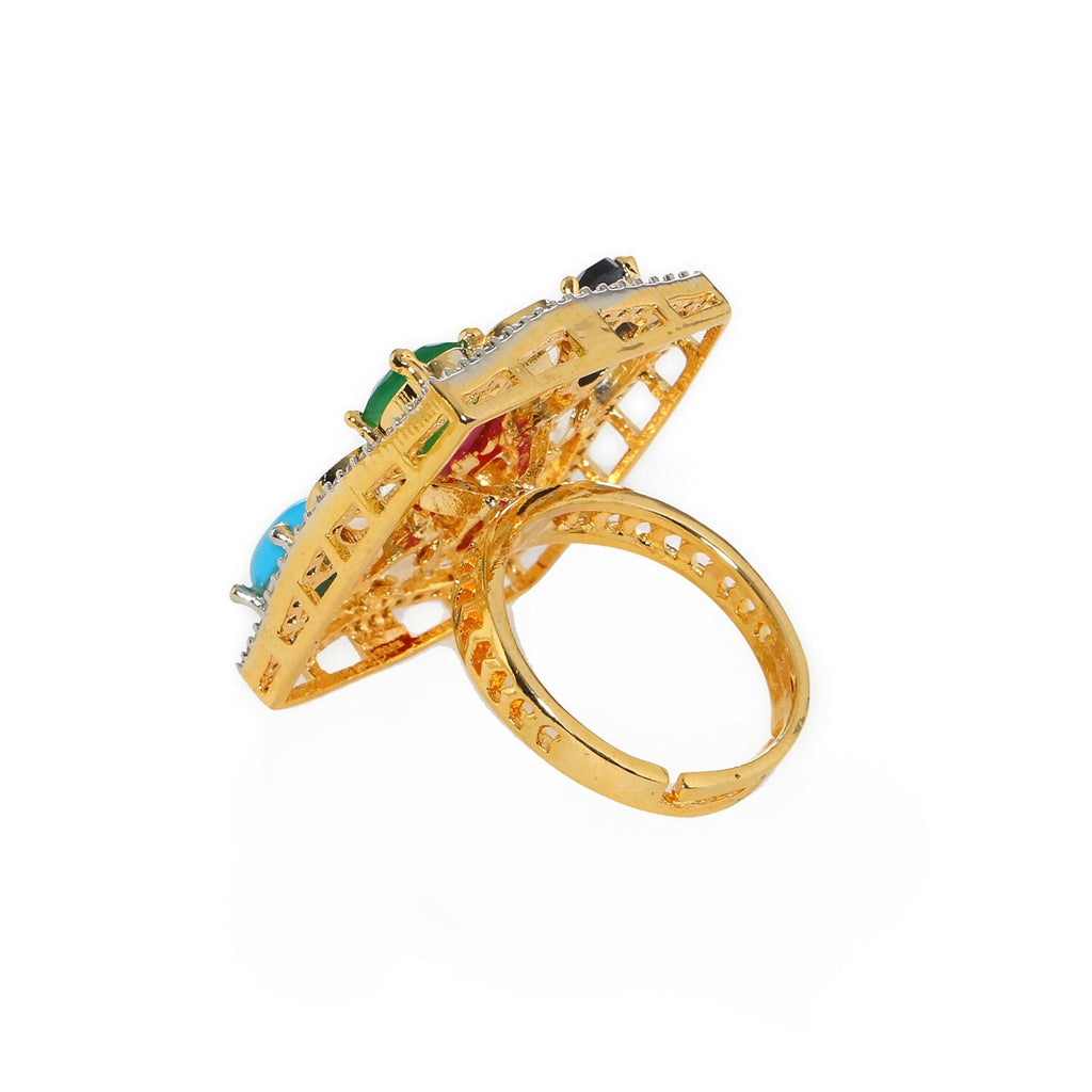 Navratan Kundan Ring (Multi Color) - Ruby Raang