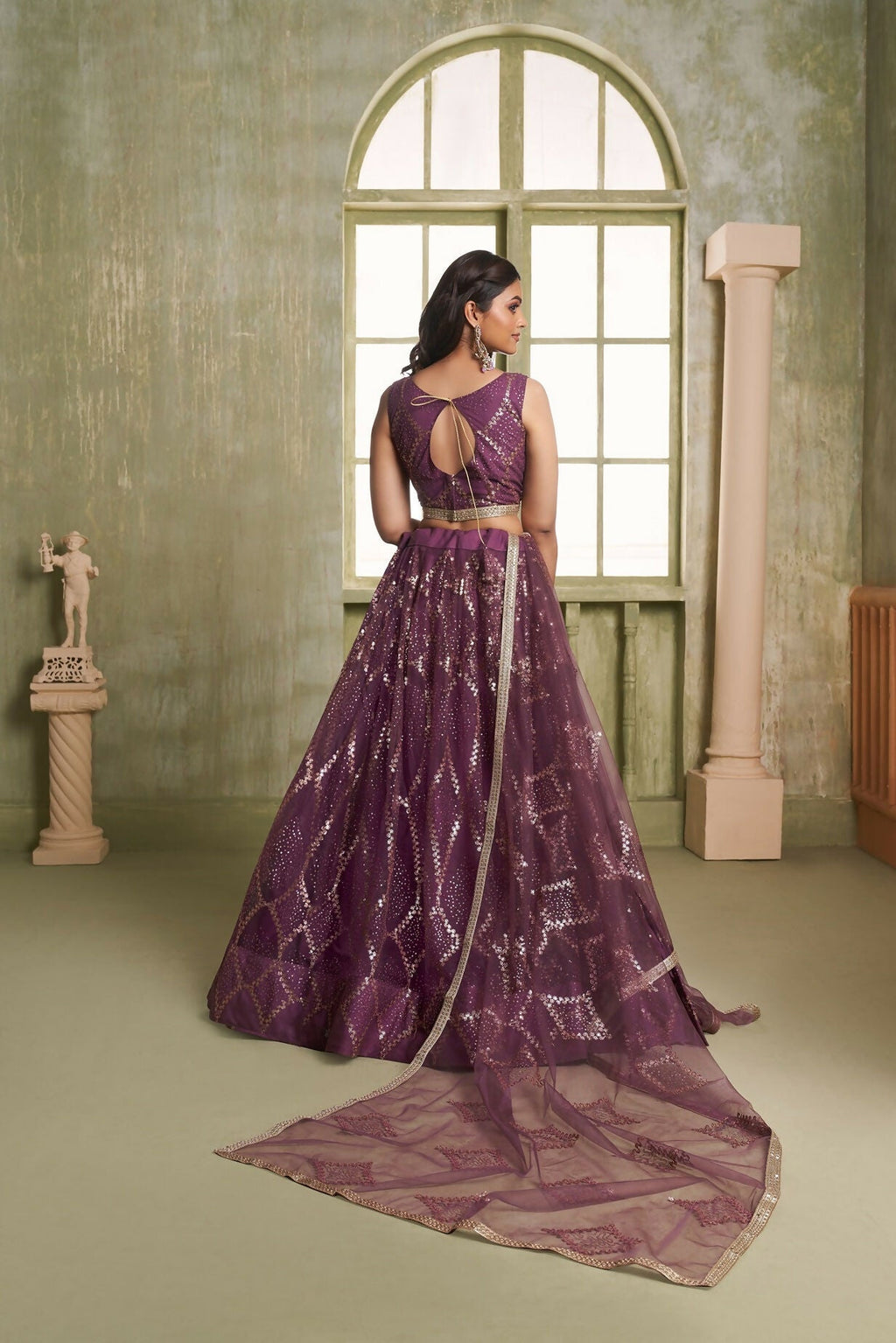 Eilara Embroidered, Sequins And Thread Work Net A - Line Lehenga Choli In Wine