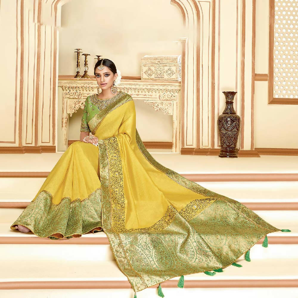 Yellow Satin Silk Zari Embroidery, Laser Cut Borders, Tassels Saree - Norita Alankrita - Distacart