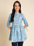 Light Blue Poly Rayon Digital Printed A-line Top - Tarini