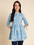 Light Blue Poly Rayon Digital Printed A-line Top - Tarini