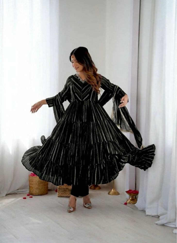 Teeya Creation Black Color Mal Chanderi Silk Hand Embroidery Work Long Gown - Distacart