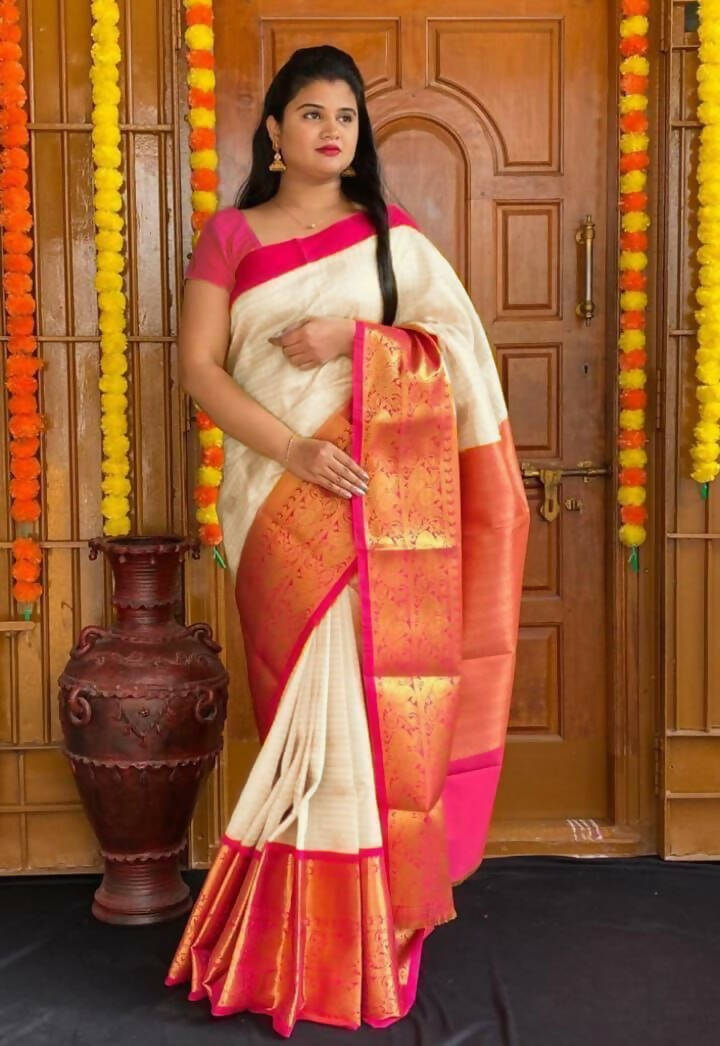 DEIANA'S Beautiful Designer Golden zari Soft Lichi Silk Saree - White