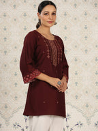 Maroon Chinon Embroidered Straight Top - Zeny