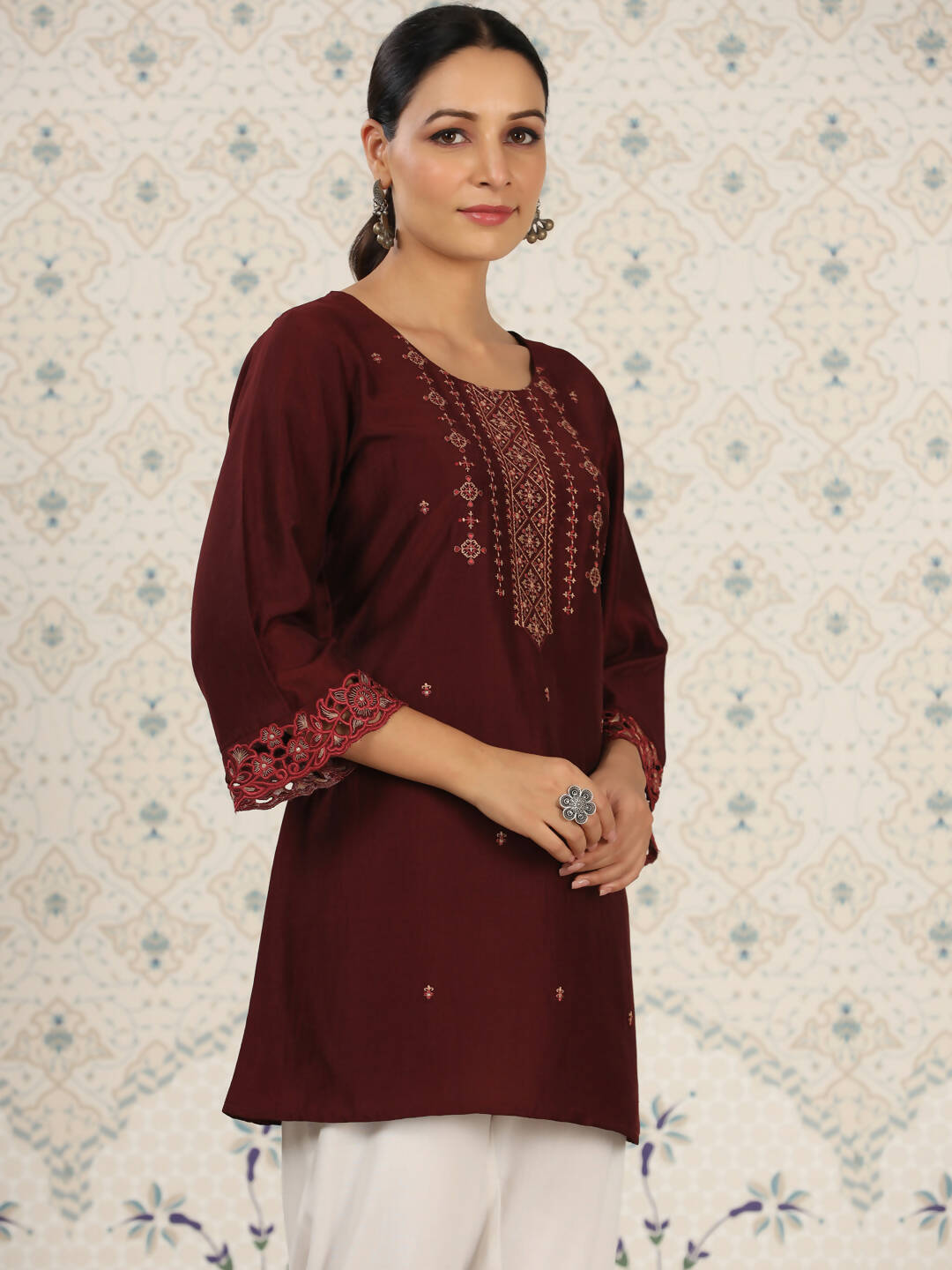 Maroon Chinon Embroidered Straight Top - Zeny