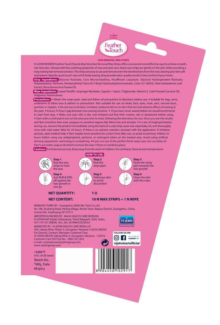VI-JOHN Feather Touch Rose & Alevera Hair Removal Wax Strips for Normal Skin Praraben & Sulphate Free - Distacart