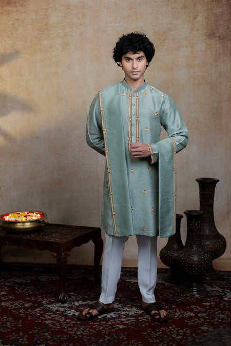Falling Raw Silk Olive Green Kalika Kurta Set By Hilo Design