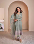 Anaita Sky-Blue Georgette Readymade Suit with Codding Dori & Sequence Work - Distacart