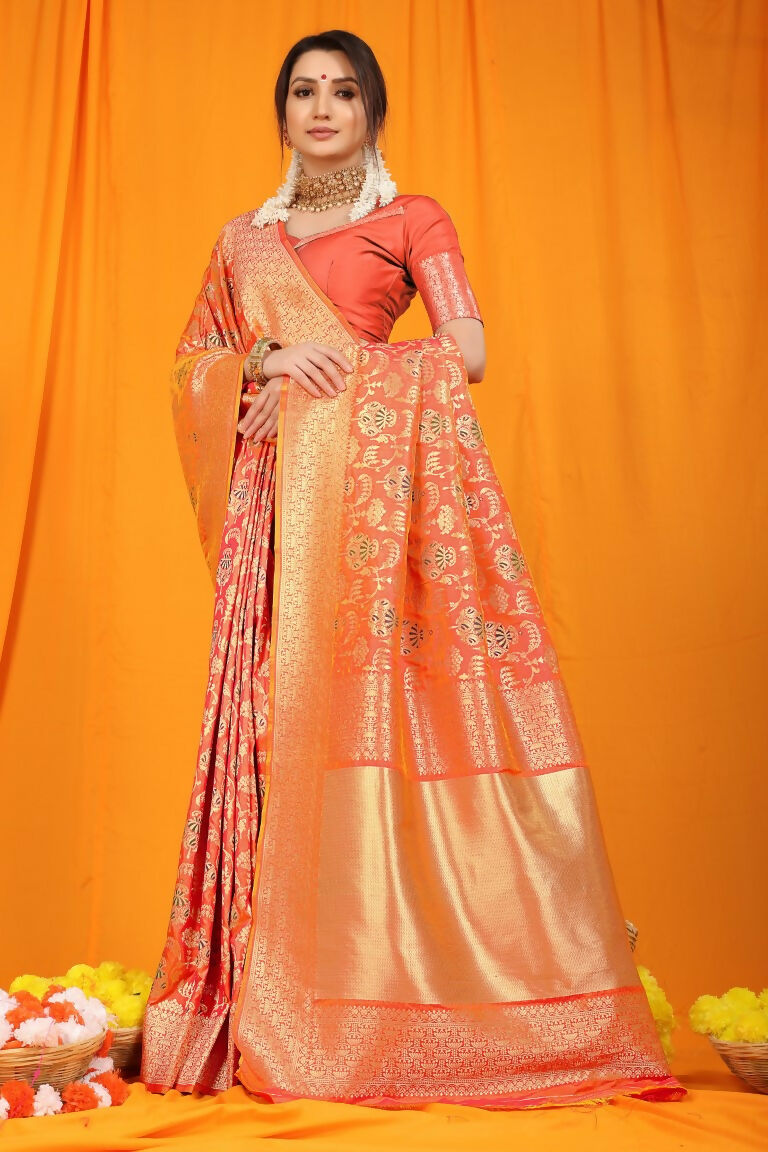 Jyoti Fashion Women's Orange Kanjivaram Silk Zari Woven Saree with Blouse - Distacart