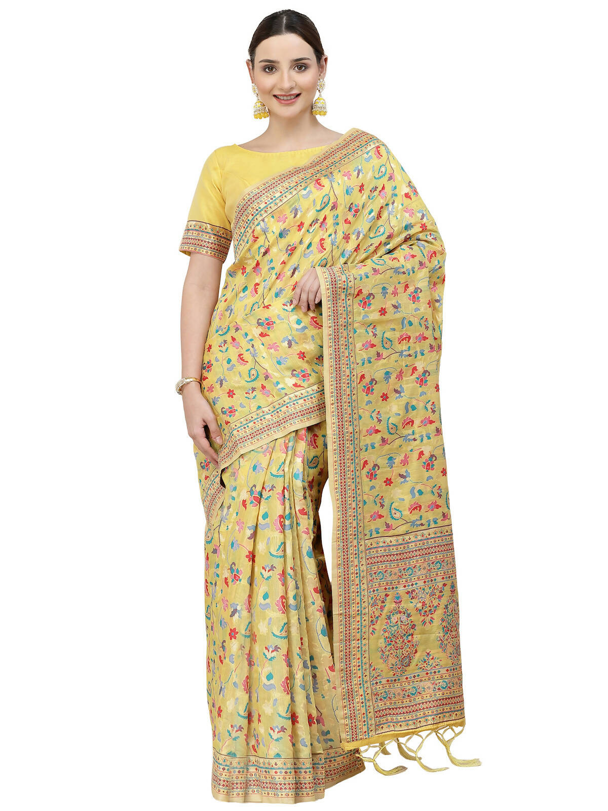 Yellow Silk Blend Woven Design Saree With Unstitched Blouse Piece - Aloki
